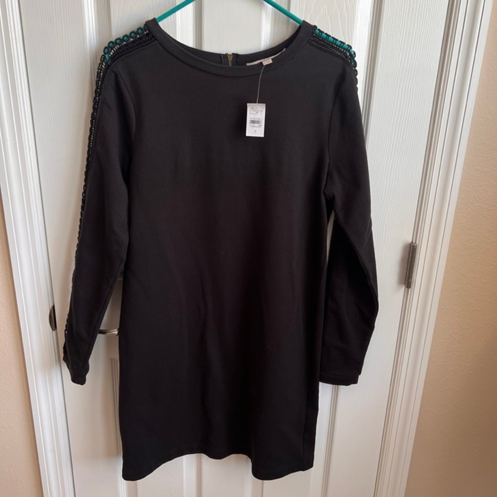 NEW Ann Taylor LOFT Black Dress Crochet Trim Long Sleeve Cotton Blend Women's S‎